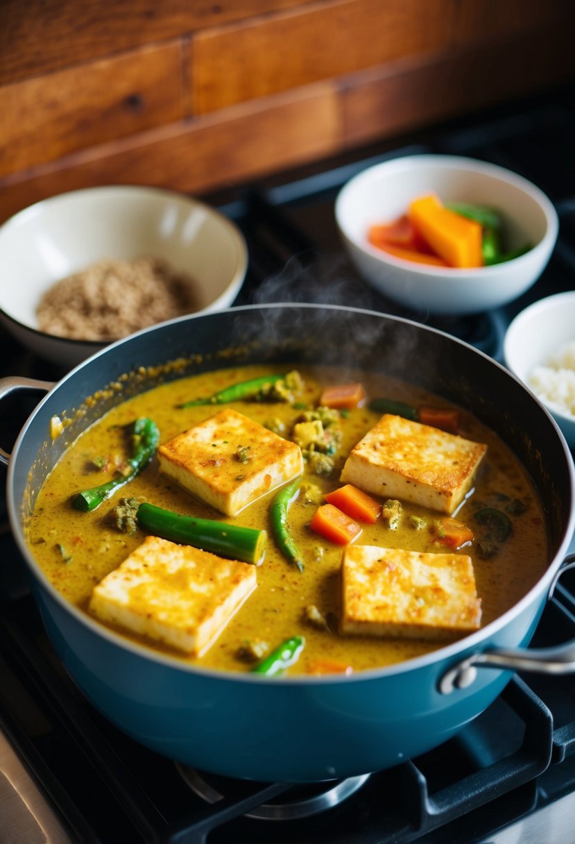 A bubbling pot of coconut curry tofu simmering with colorful vegetables and aromatic spices on a stovetop