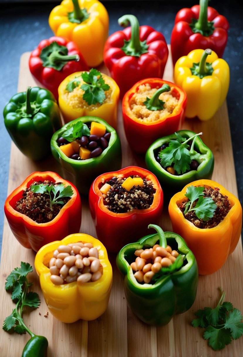 A colorful array of bell peppers filled with a variety of plant-based ingredients, such as quinoa, beans, and vegetables, arranged on a wooden cutting board