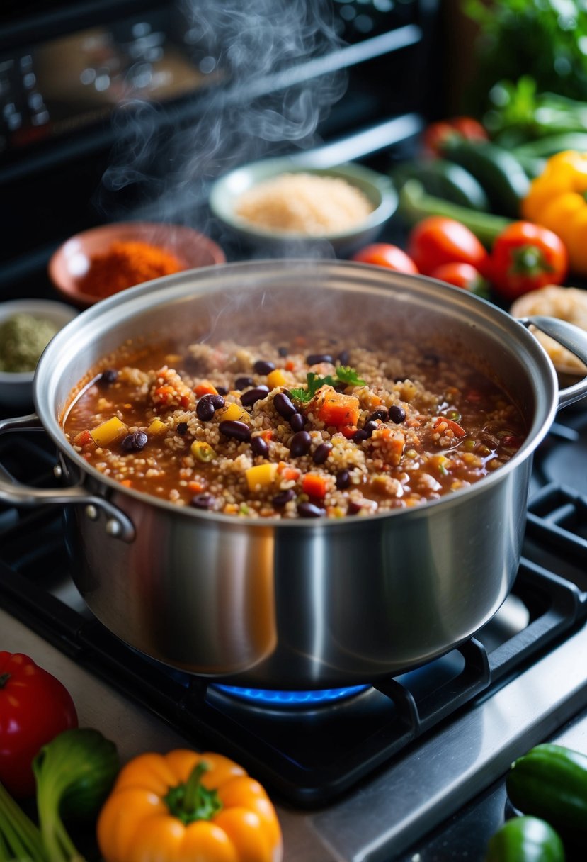 A steaming pot of quinoa and black bean chili simmering on a stovetop, surrounded by colorful vegetables and spices