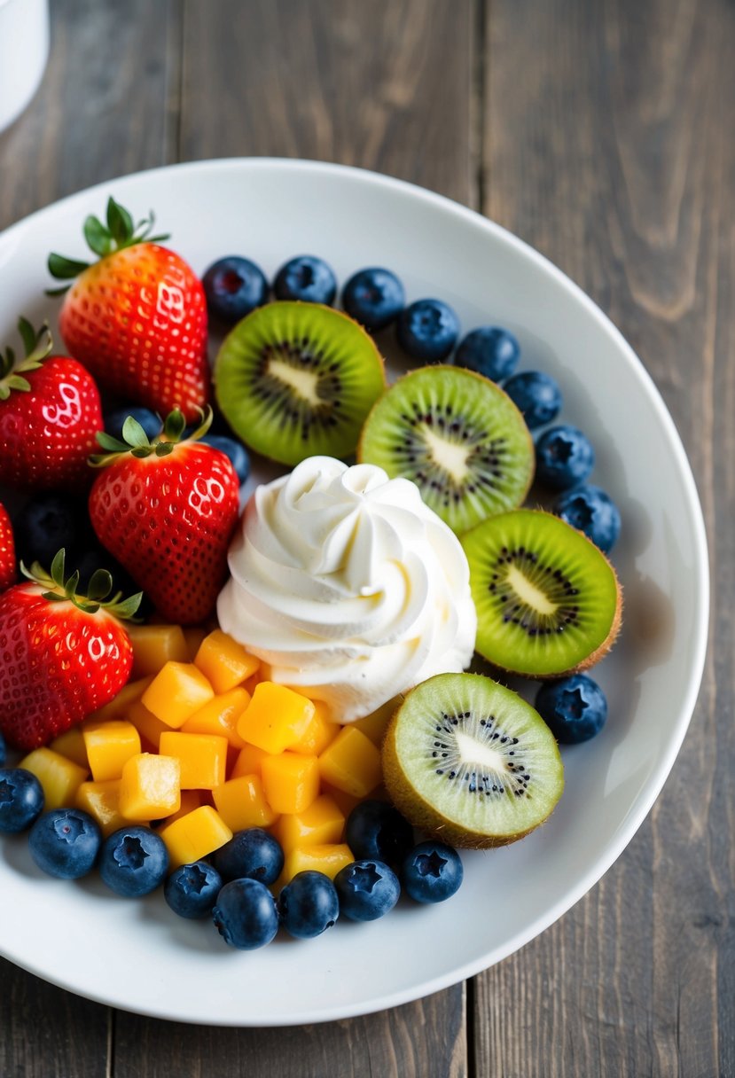 A colorful array of fresh fruit, including strawberries, blueberries, and kiwi, laid out on a white plate with a dollop of whipped cream