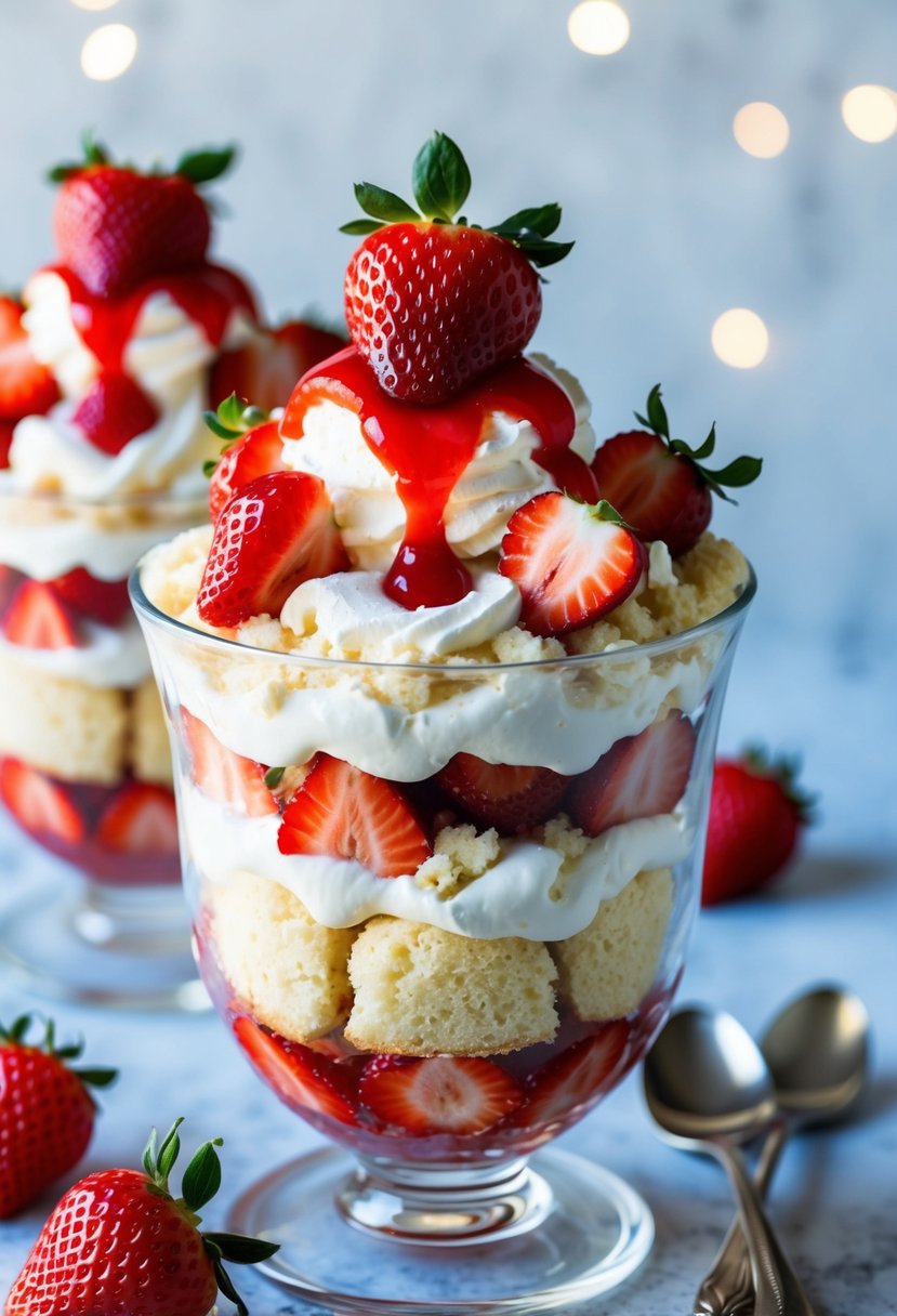 A glass parfait dish filled with layers of crumbled shortcake, fresh strawberries, and whipped cream, topped with a vibrant red strawberry sauce