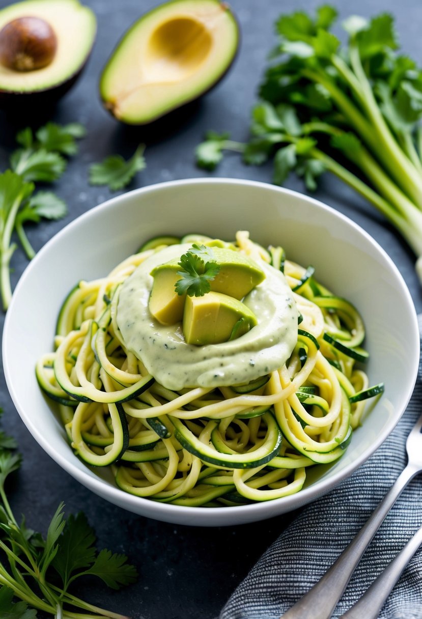 A bowl of zucchini noodles topped with creamy avocado sauce, surrounded by fresh vegetables and herbs