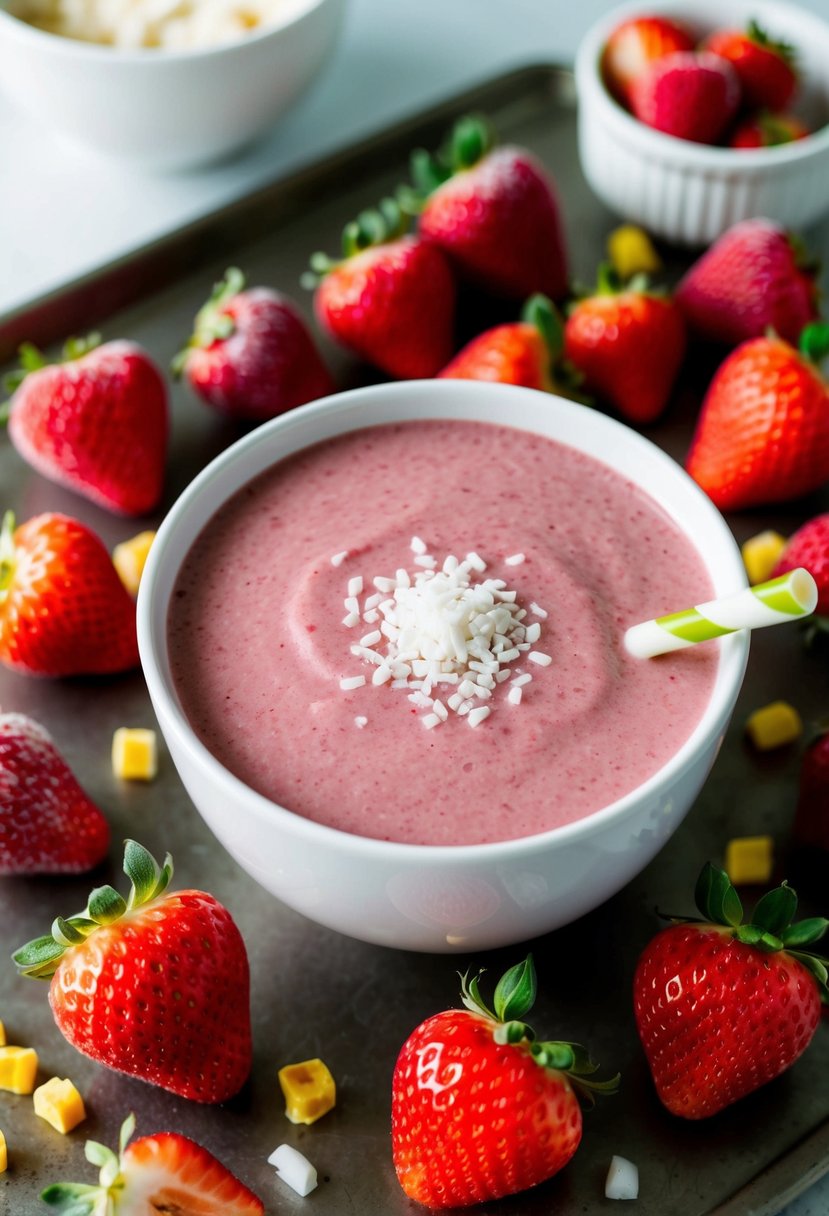 A bowl of keto strawberry smoothie surrounded by frozen strawberries and ingredients on a kitchen counter