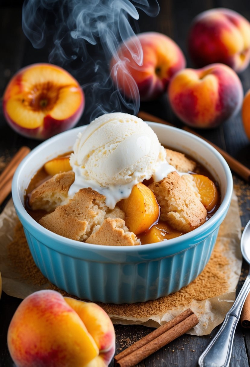 A steaming peach cobbler topped with a scoop of melting vanilla ice cream, surrounded by fresh peaches and a sprinkle of cinnamon