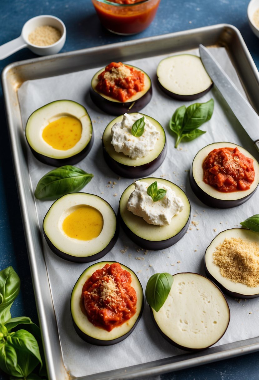 Sliced eggplant, tofu ricotta, marinara sauce, basil, and nutritional yeast arranged on a baking sheet