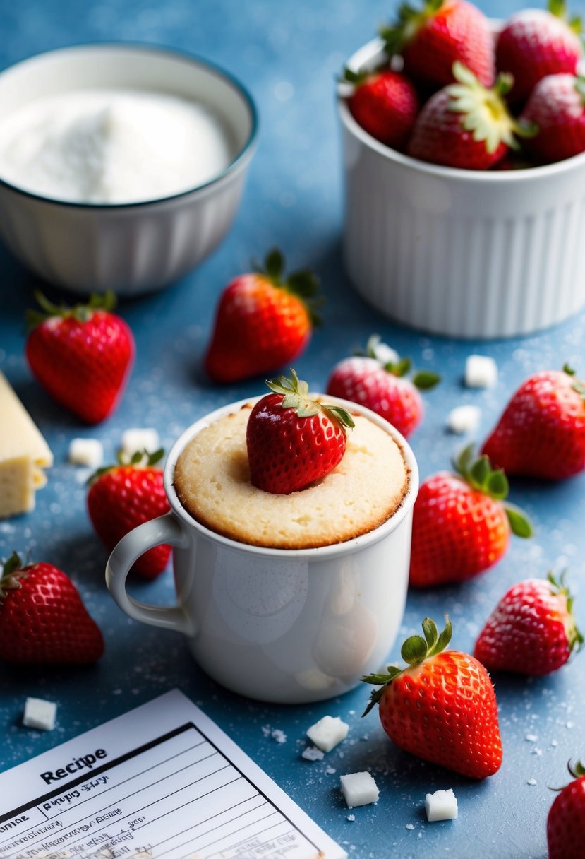 A mug cake surrounded by frozen strawberries, with ingredients and a recipe card nearby