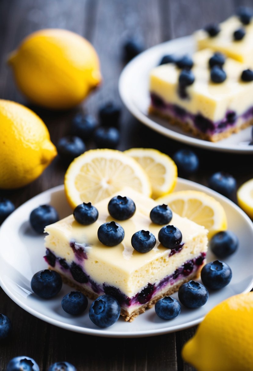 A table with a plate of lemon blueberry cheesecake bars surrounded by fresh lemons and blueberries