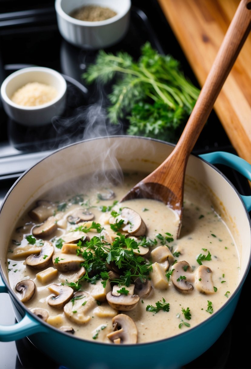 A steaming pot of mushroom stroganoff simmers on a stove, surrounded by fresh herbs and spices. A wooden spoon stirs the creamy, dairy-free sauce