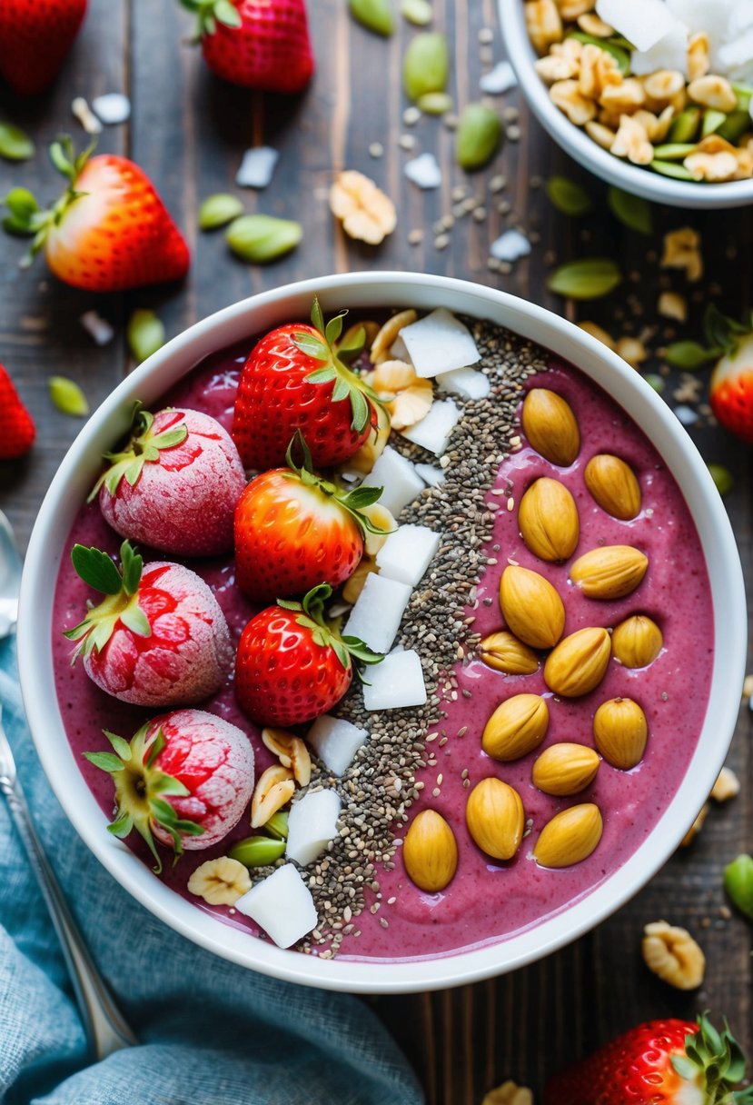 A vibrant smoothie bowl topped with frozen strawberries, chia seeds, and coconut flakes sits on a wooden table, surrounded by fresh fruit and a scattering of nuts and seeds