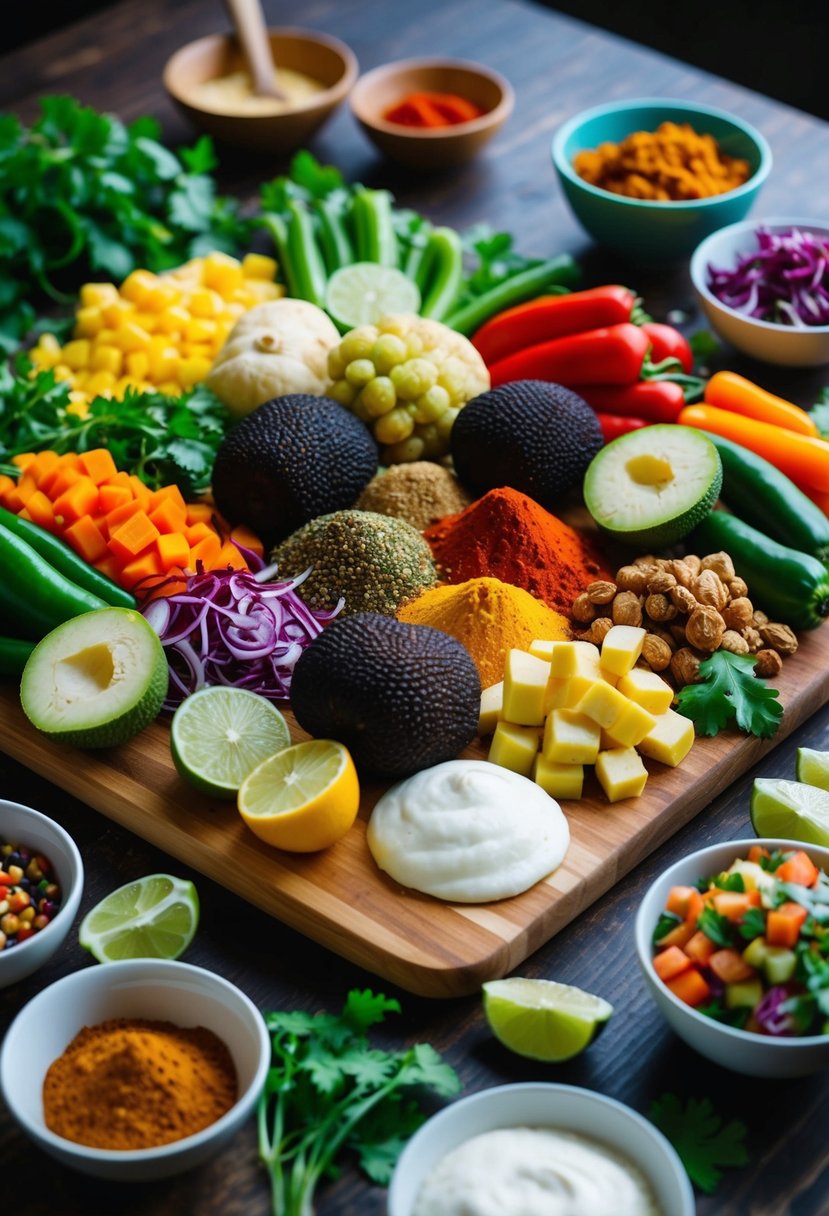 A colorful array of fresh jackfruit, vegetables, and spices arranged on a wooden cutting board, with a variety of taco toppings in small bowls nearby