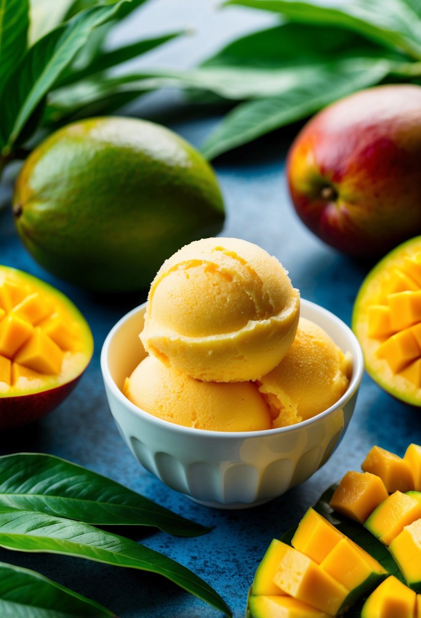 A vibrant bowl of mango sorbet surrounded by ripe mangoes and tropical foliage