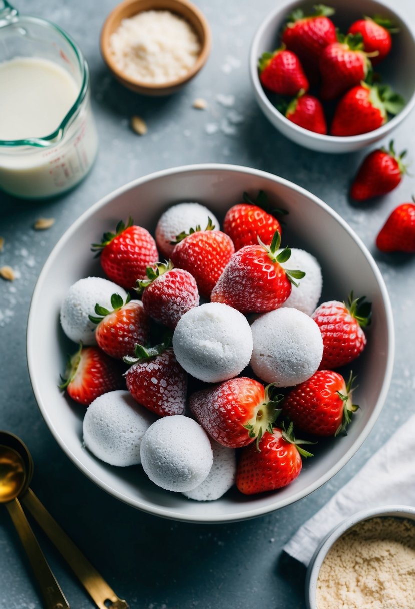 A bowl of frozen strawberries surrounded by ingredients like coconut oil and almond flour, with a mixing spoon and measuring cups nearby