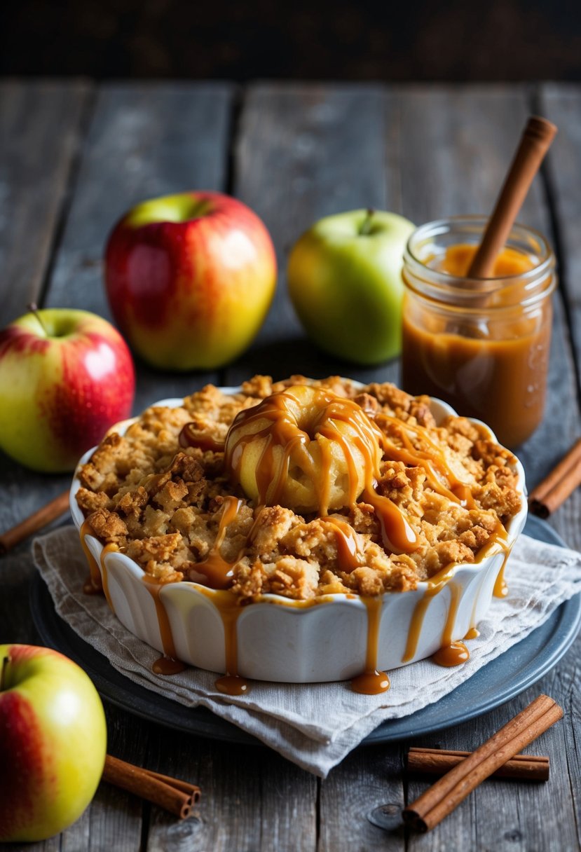 A golden apple crisp topped with caramel drizzle sits on a rustic wooden table, surrounded by fresh apples, cinnamon sticks, and a jar of caramel sauce