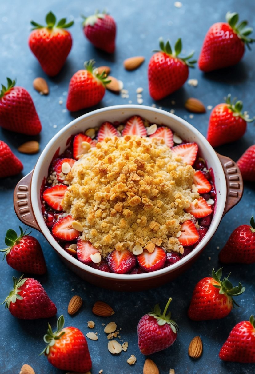 A rustic baking dish filled with a strawberry almond keto crumble, topped with golden, crispy almond crumble and surrounded by scattered frozen strawberries