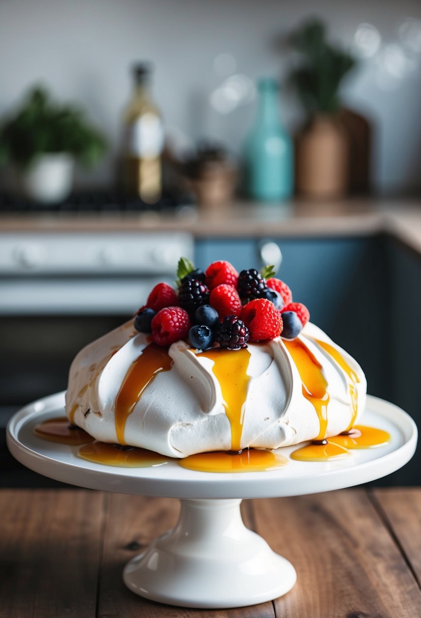 A pavlova topped with fresh berries and drizzled with syrup on a white serving platter