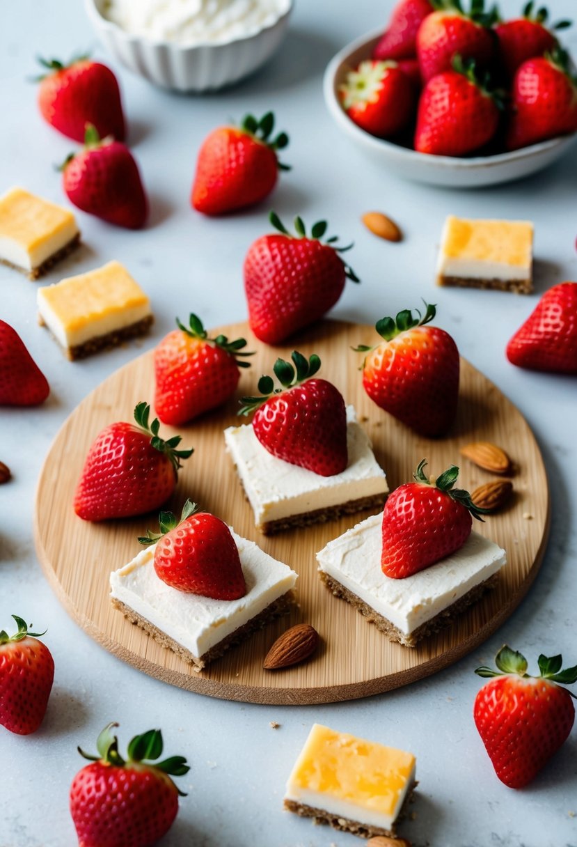 A cutting board with frozen strawberries, cream cheese, and almond flour, surrounded by keto cheesecake bars