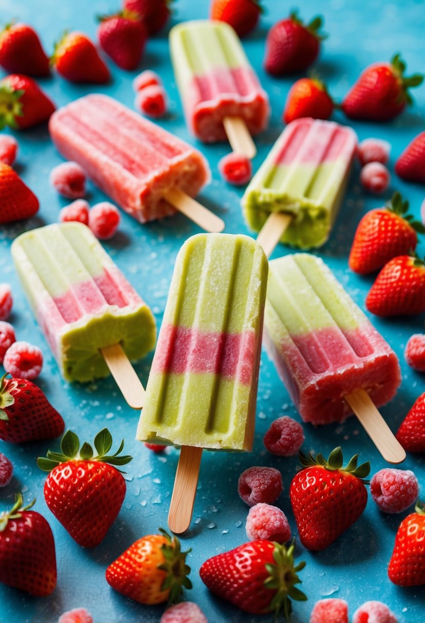 A colorful array of frozen strawberry avocado popsicles surrounded by scattered frozen strawberries