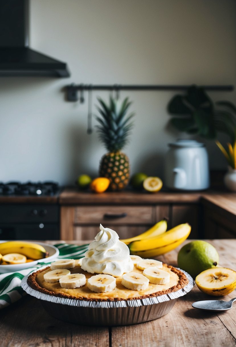 A rustic kitchen counter with a freshly baked banana coconut cream pie surrounded by tropical fruits and a dollop of whipped cream