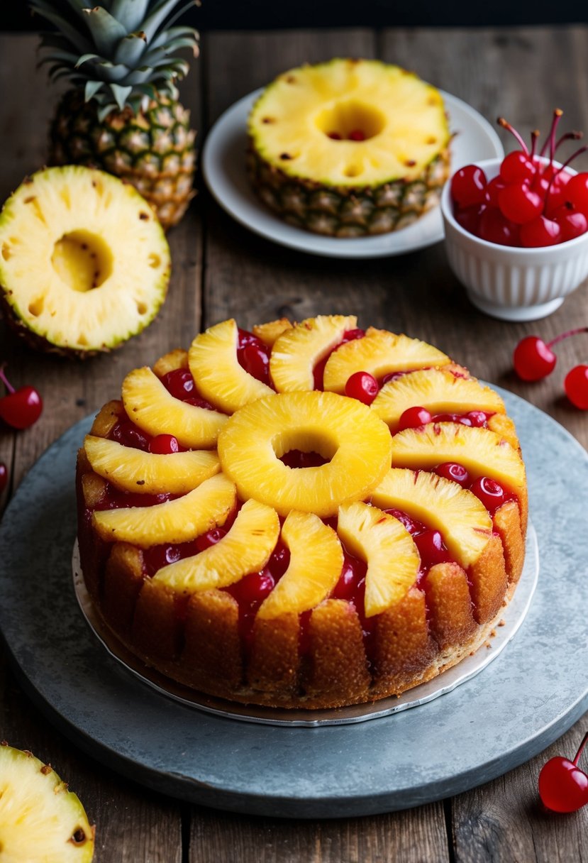 A pineapple upside-down cake sits on a rustic wooden table, surrounded by fresh pineapple slices and maraschino cherries