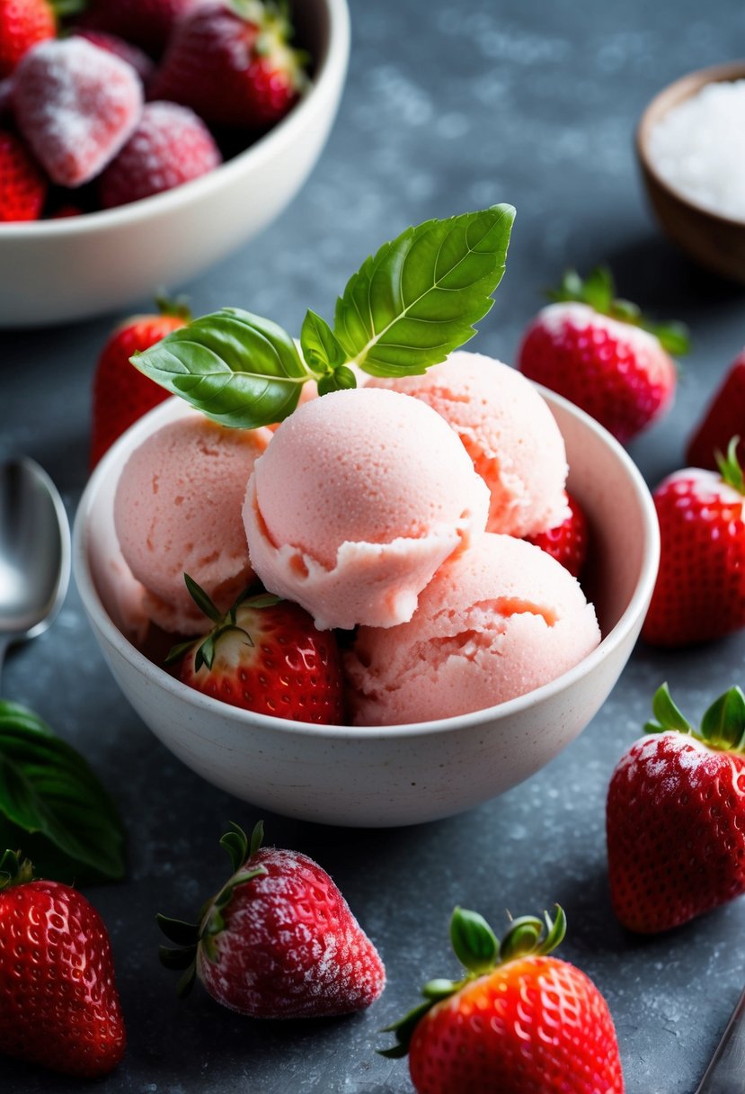 A bowl of keto strawberry basil sorbet topped with fresh basil leaves, surrounded by a pile of frozen strawberries