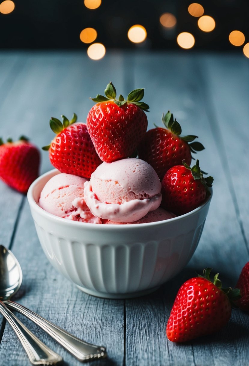 A bowl of low-carb strawberry ice cream topped with frozen strawberries