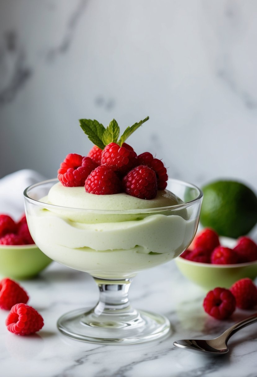 A glass bowl filled with fluffy raspberry lime mousse, topped with fresh raspberries and a sprig of mint, sits on a white marble table