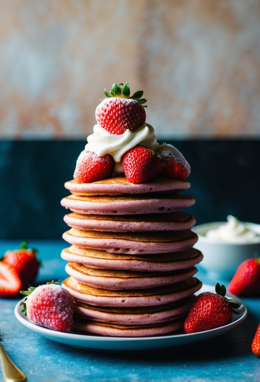 A stack of strawberry keto pancakes topped with frozen strawberries and a dollop of whipped cream