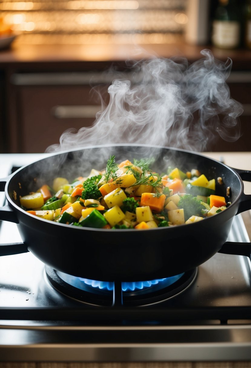 A steaming pot of mixed vegetables being sautéed in a skillet with herbs and spices