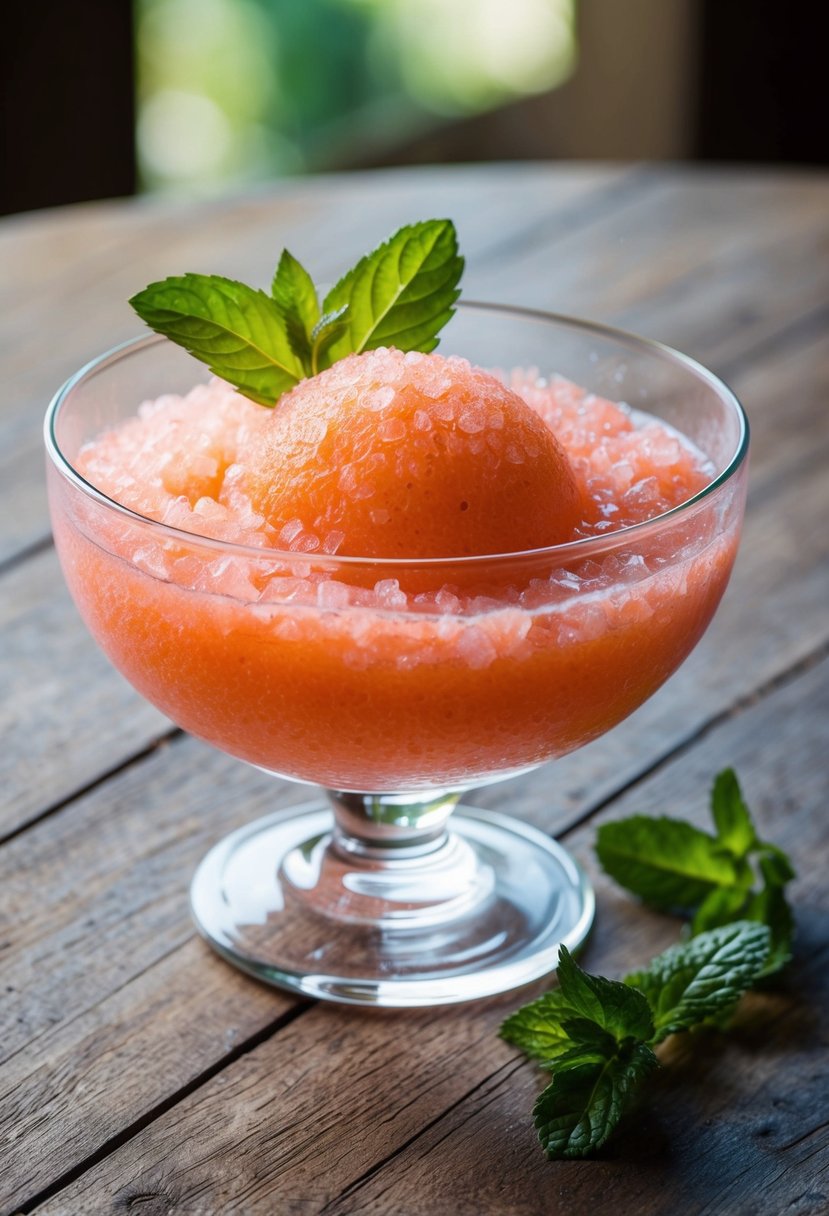 A clear glass dish filled with vibrant pink grapefruit granita, garnished with a sprig of fresh mint, sitting on a rustic wooden table