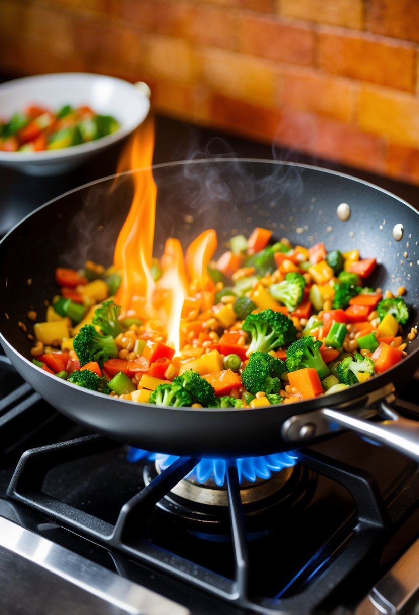 A sizzling pan of colorful mixed vegetables being stir-fried over a hot flame