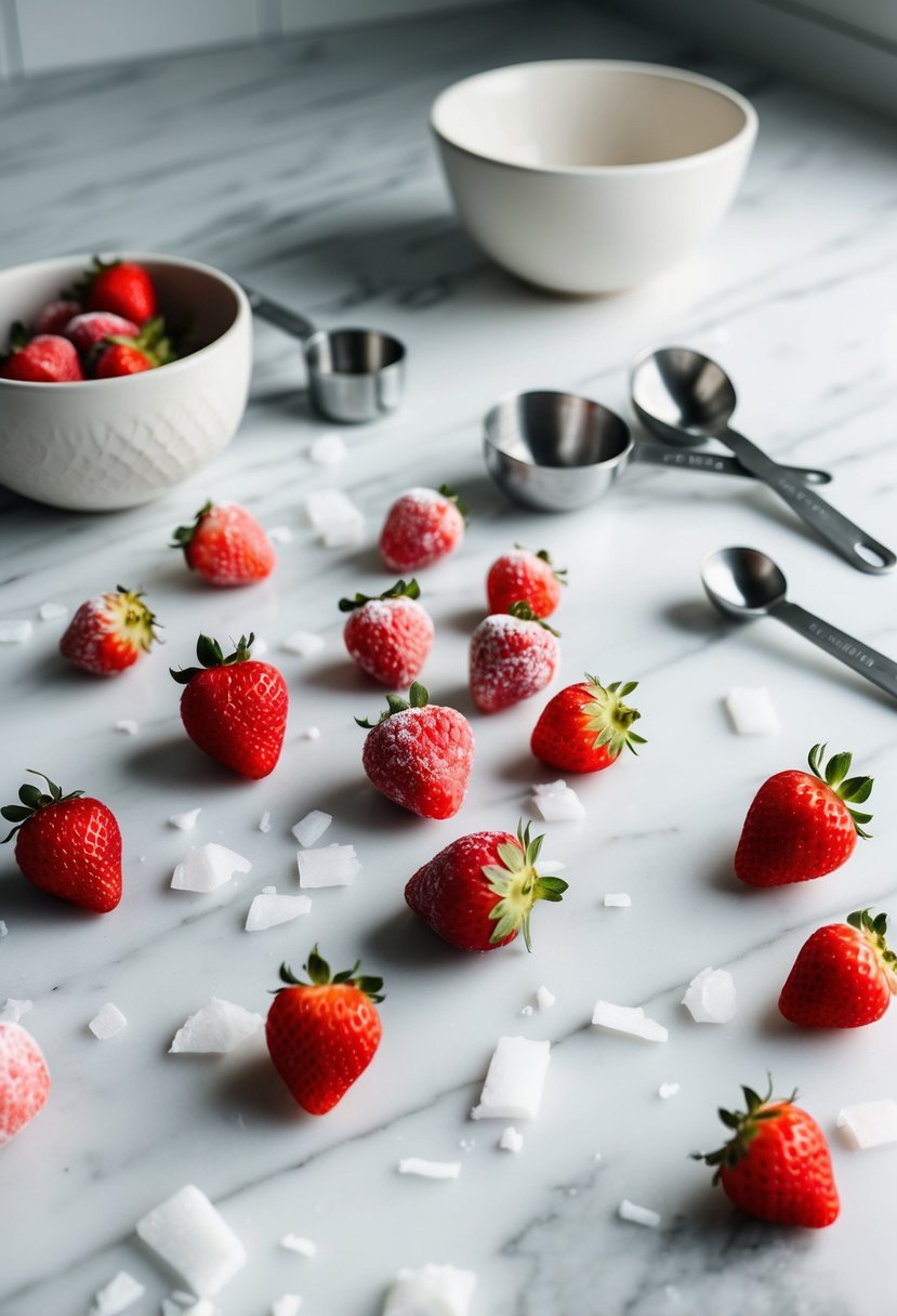 A white marble countertop with scattered frozen strawberries and coconut flakes, surrounded by measuring spoons and a mixing bowl