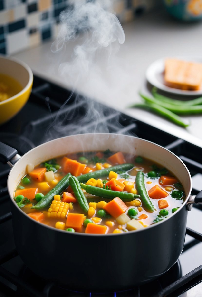 A pot of mixed vegetable soup simmering on a stove, steam rising, with colorful chunks of carrots, peas, corn, and green beans