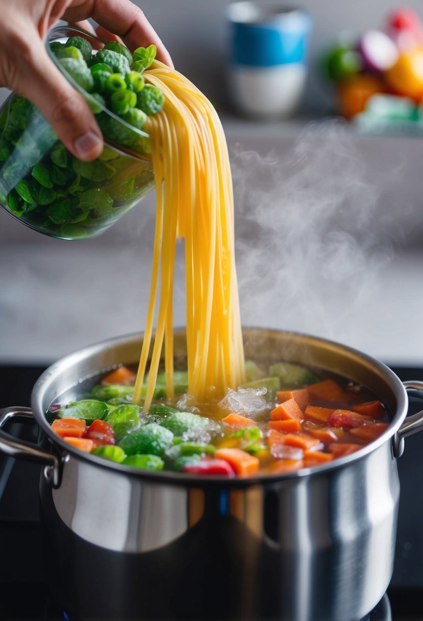 A pot of boiling water with colorful frozen vegetables and pasta being added