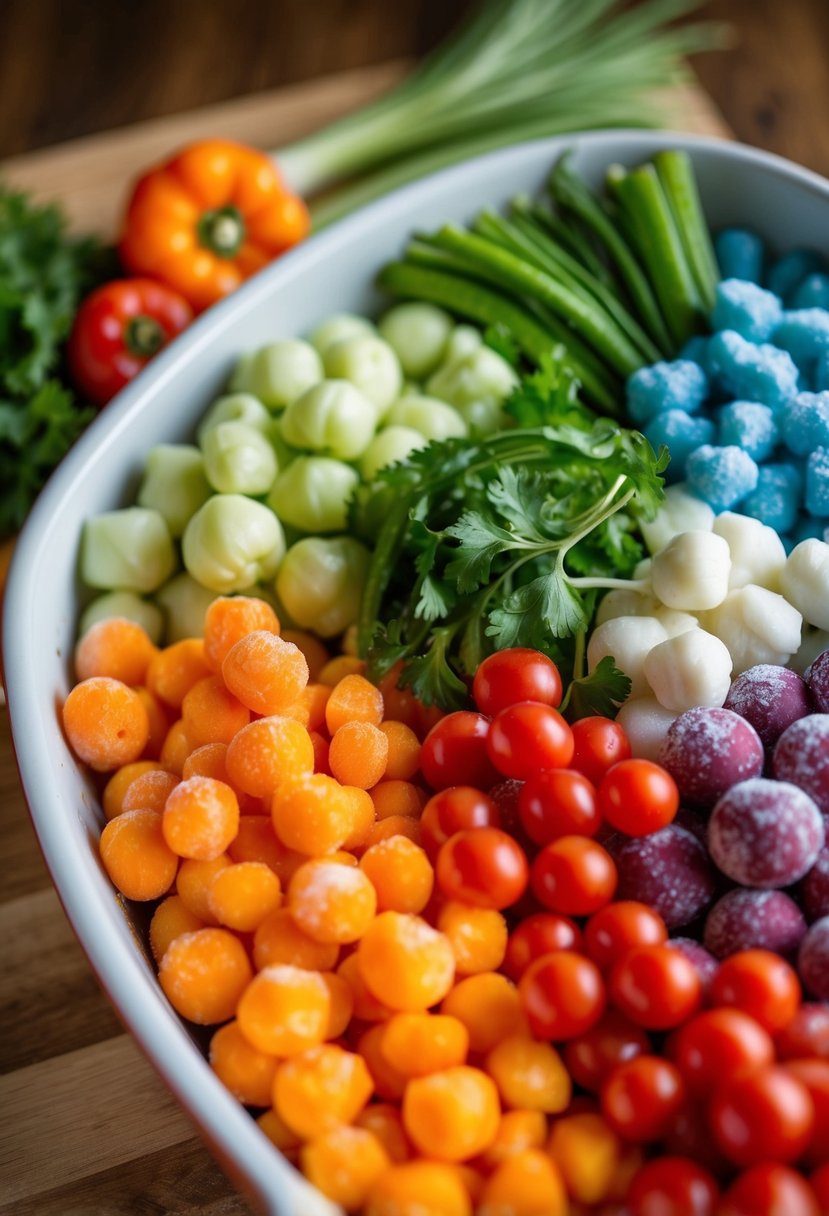 A colorful array of frozen vegetables arranged in a casserole dish, ready to be cooked