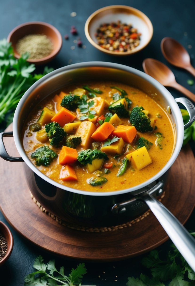 A steaming pot of mixed vegetables in rich, golden curry sauce, surrounded by colorful spices and herbs