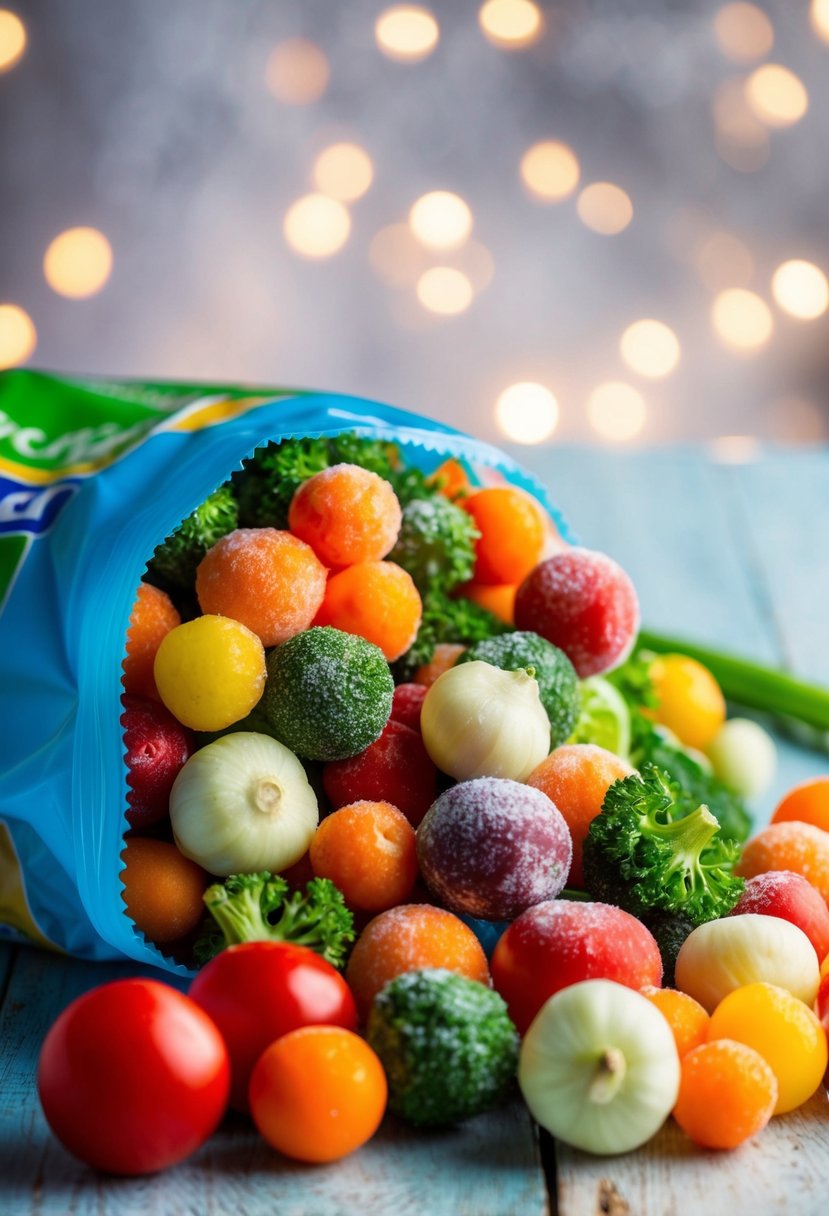 A colorful array of frozen mixed vegetables spills out of a bag, ready to be used in a delicious mixed vegetable quiche recipe