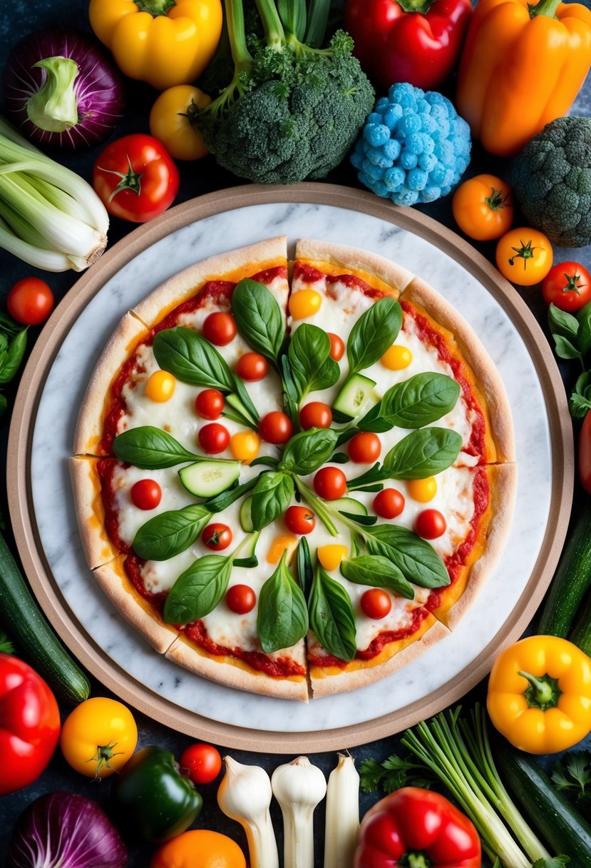 A frozen veggie pizza surrounded by a variety of colorful frozen mixed vegetables