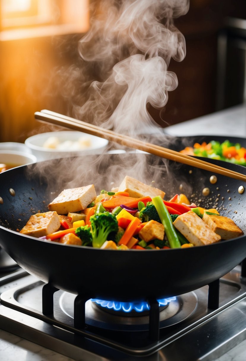 A sizzling wok filled with colorful mixed vegetables and tofu, steam rising. Chopsticks resting on the side