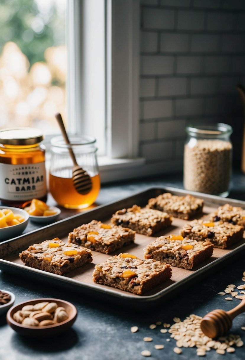 A rustic kitchen counter with a tray of freshly baked oatmeal bars, surrounded by ingredients like oats, fruits, nuts, and honey