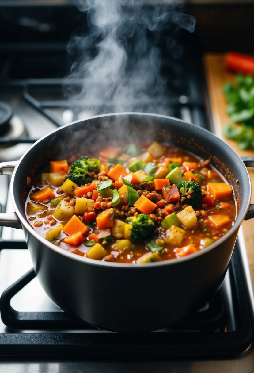 A pot of steaming mixed veggie chili simmering on a stove, filled with colorful vegetables and savory spices