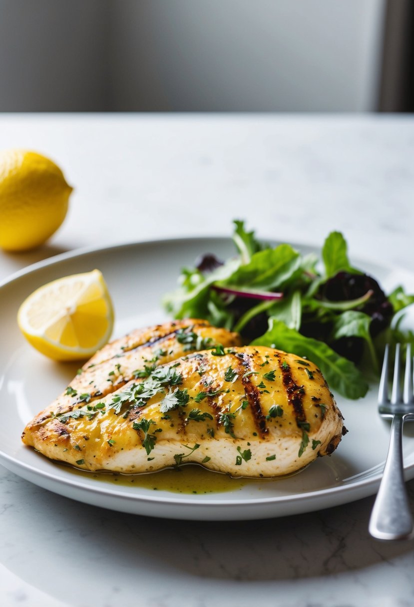 A sizzling grilled lemon herb chicken on a clean white plate with a side of fresh green salad and a slice of lemon