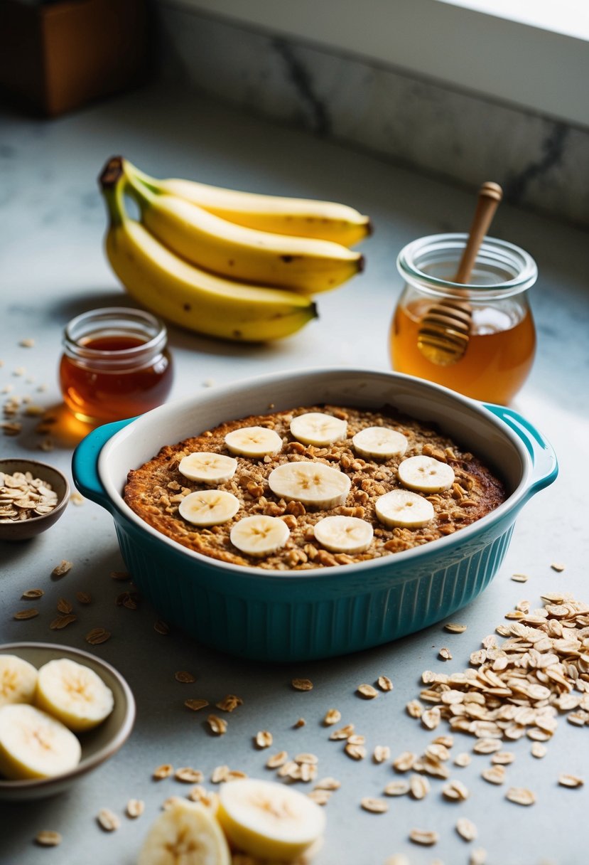 A kitchen counter with a freshly baked banana nut oatmeal in a ceramic dish, surrounded by scattered oats, sliced bananas, and a jar of honey