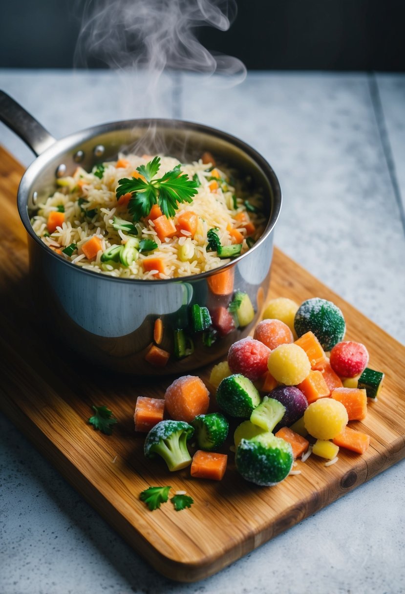 A steaming pot of vegetable rice pilaf with colorful frozen mixed vegetables spilling out onto a wooden cutting board