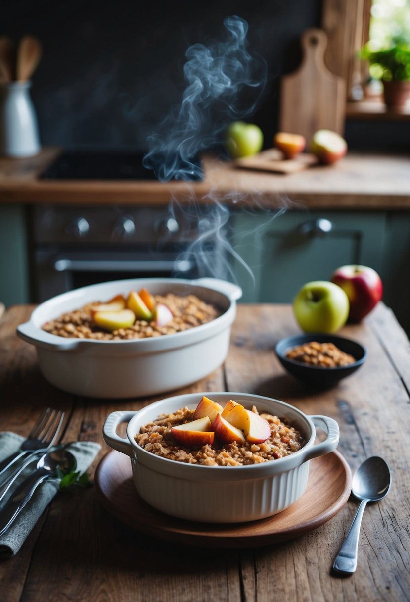 A rustic kitchen with a wooden table set for breakfast, featuring a steaming dish of apple cinnamon baked oatmeal and a scattering of fresh fruit