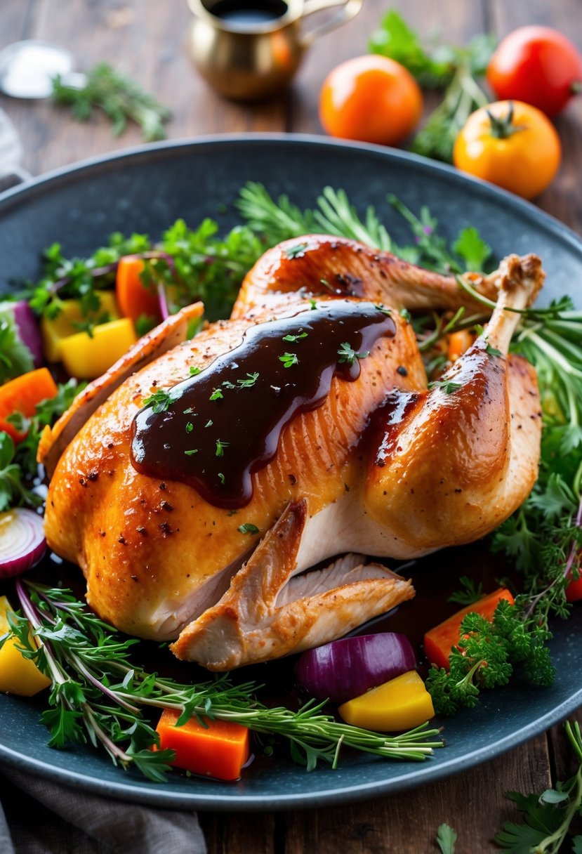 A succulent turkey breast coated in rich balsamic glaze, surrounded by vibrant herbs and colorful vegetables on a rustic serving platter