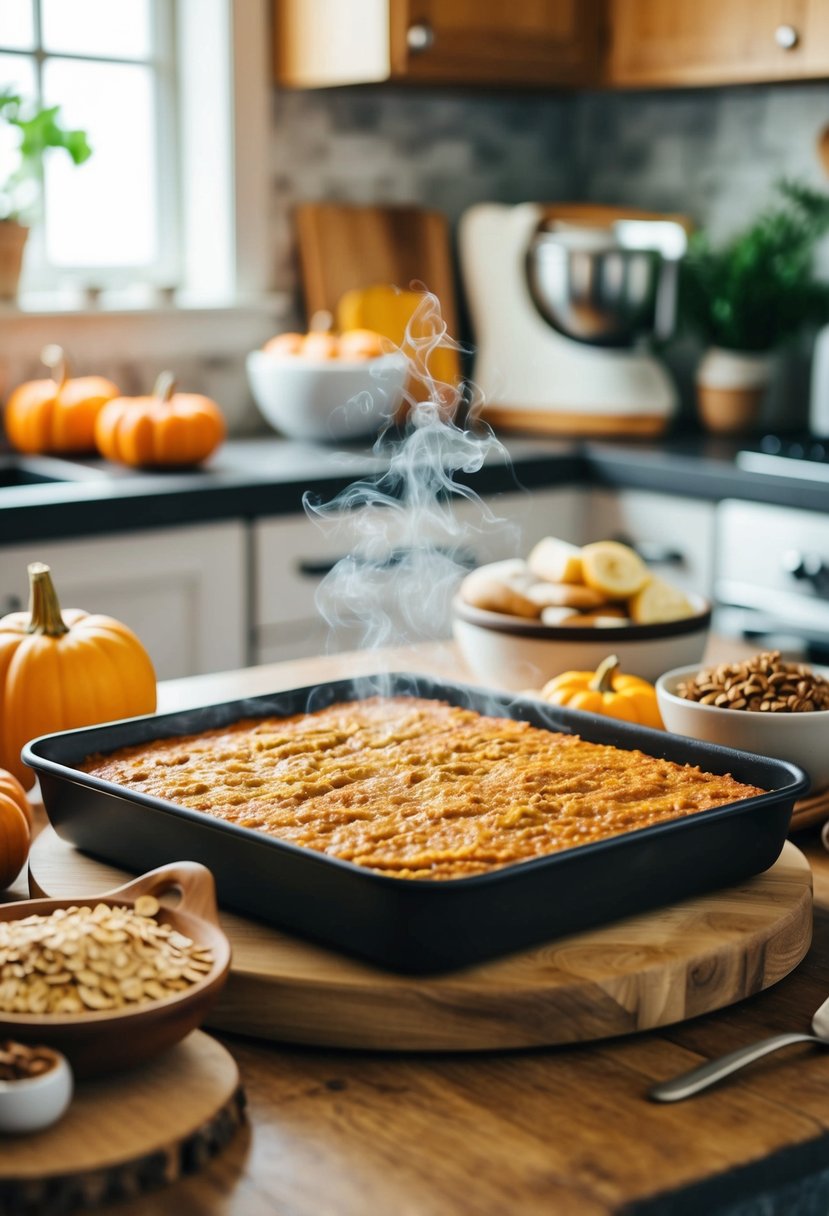 A cozy kitchen with a steaming tray of pumpkin spice baked oatmeal, surrounded by fresh ingredients and a warm, inviting atmosphere