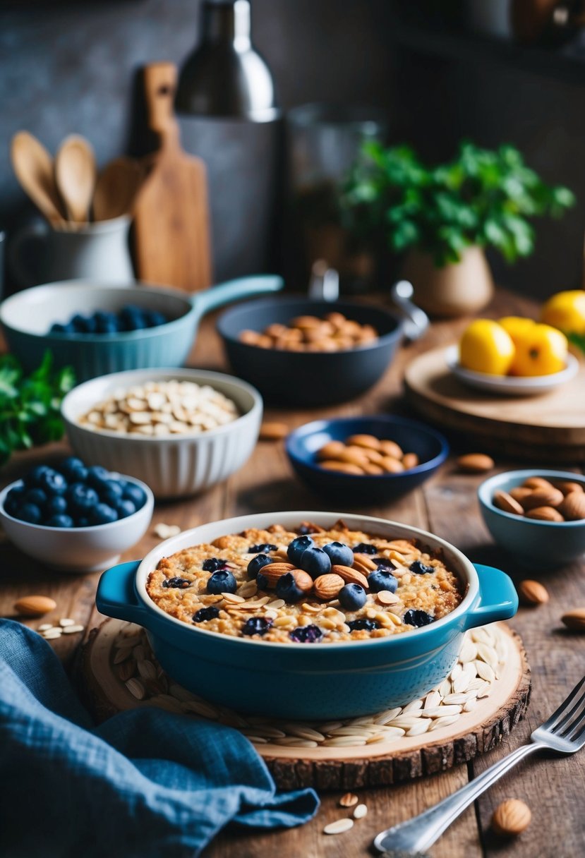 A rustic kitchen table set with a baked oatmeal dish topped with blueberries and almonds, surrounded by fresh ingredients and a cozy kitchen atmosphere