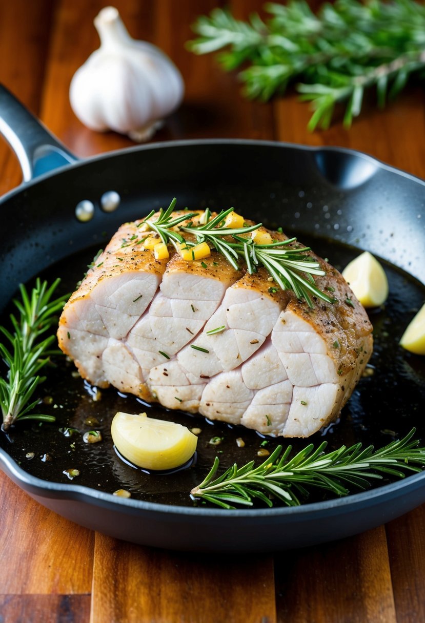 A pork tenderloin seasoned with rosemary and garlic sizzling in a hot skillet