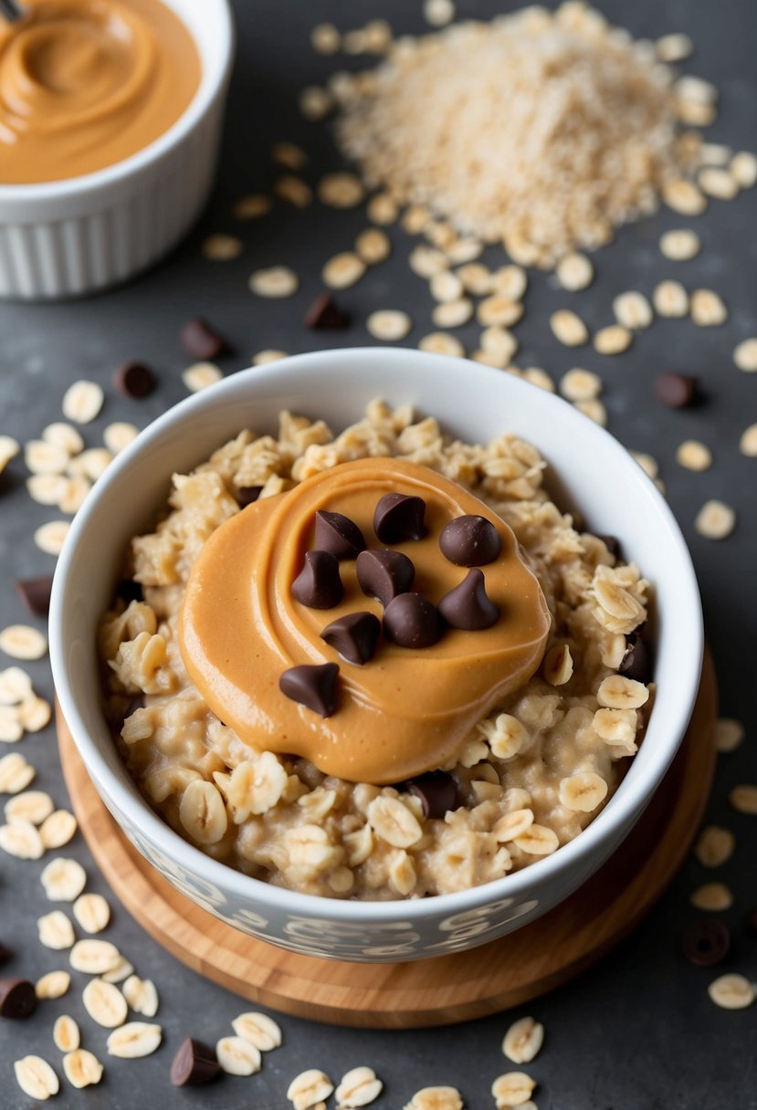 A bowl of baked oatmeal with peanut butter and chocolate chips, surrounded by scattered oats and ingredients