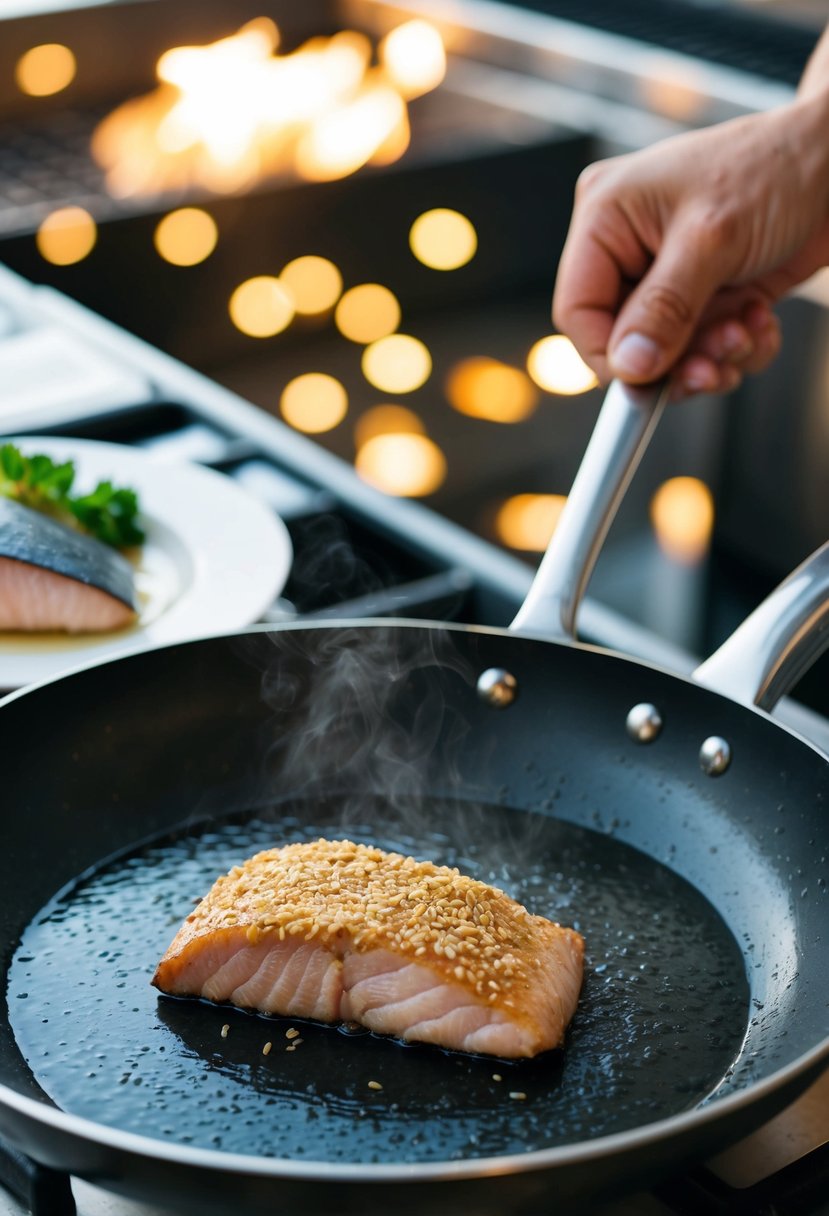 A chef searing tuna with a sesame crust in a sizzling pan